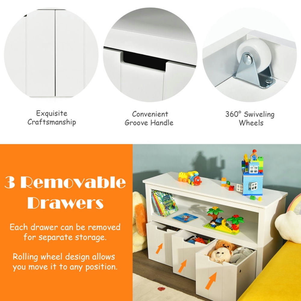Barara King Kids Storage Unit Bookshelf,Toy Storage Organizer,Kid Toy Storage Cabinet 3 Drawer Chest with Wheels Large Storage Cube Shelf