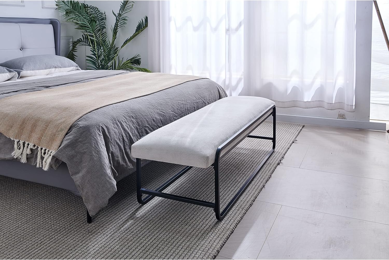 Nathaniel Home Upholstered Bedroom Benches, 60 inch Kids Ottoman Vegan Leather Footrest Stool, Accent Bench for Entryway Bedroom End of Bed, White