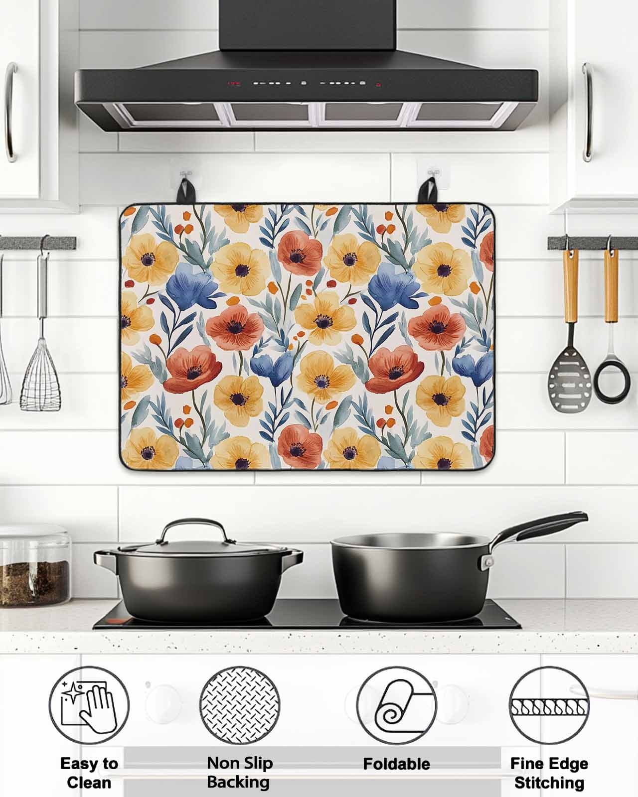 Stove Top Covers for Electric Stove 28.5x20.5 Inches, Spring Floral Heat Insulation Fireproof Glass Cooktop Protector, Red Yellow Blue Summer Botanical Countertop Stovetop Cover for Kitchen