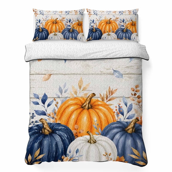 Quilts Twin Size Bedding Set, Navy Blue Pumpkins Fall Lightweight Quilted Comforter, Thanksgiving Eucalyptus Wooden Soft Reversible Bedspread Coverlet with Pillow Covers for All Season, 68" x 86"