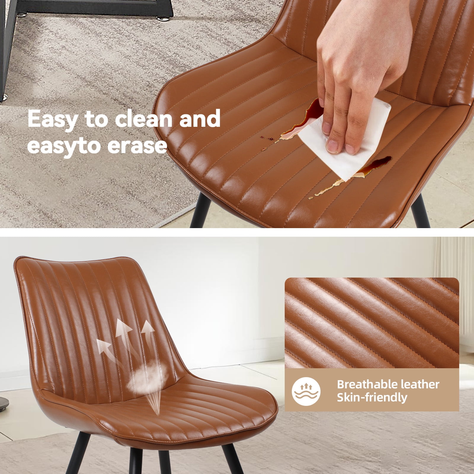 MOONMISS Dining Chair Set of 2,Rubberwood Frame Covered in Polyurethane Synthetic Leather,Black