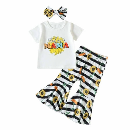 

Miluxas Clearance Three Piece Set Summer Toddler Baby Girls Casual Suit Mother s Day Letter Short Sleeve T-shirt Bell-bottoms Trousers Hairband Black 5-6 Years