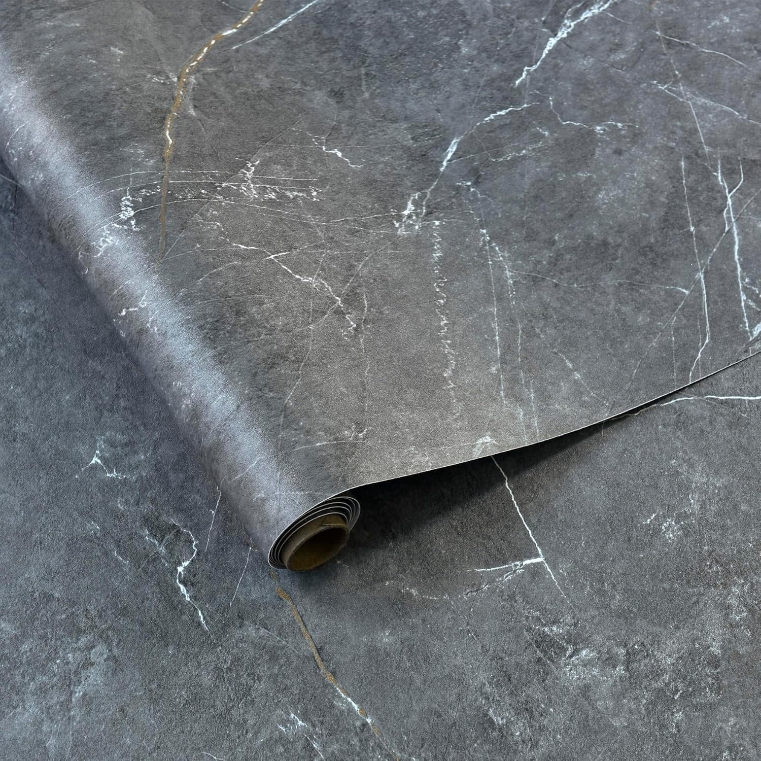 24"x591" Marble Peel and Stick Flooring Roll Vinyl Floor Tiles Waterproof Stick on Flooring Matte PVC Floor Contact Paper for Floors Dark Grey Vinyl Laminate Flooring for Kitchen Bathroom