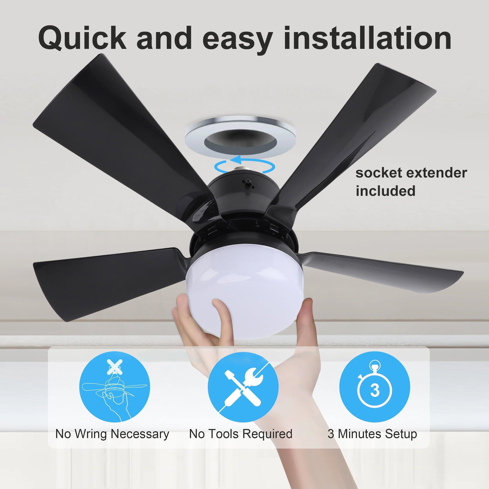 Socket Fan Light with Remote, 16” Screw Ceiling Fans with 3-Speeds, Dimmable LED, E26/E27 Base, Socket Fan Ceiling Fan for Garage Bathroom Bedroom Kitchen, Black Round Lamp