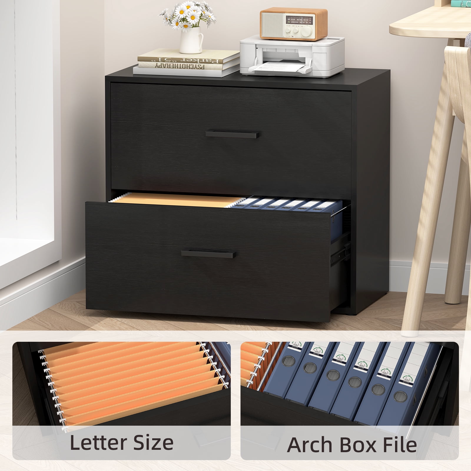 Marcree Lateral File Cabinet, Wood Black File Cabinet with Hanging Bars for Letters, Horizontal File Cabinets for Home Office, Black