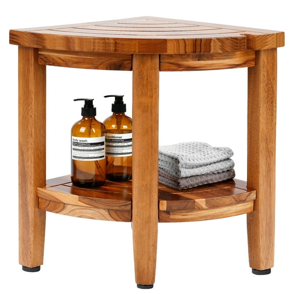 AOPEC 18" Teak Corner Shower Stool, 2-Tier Teak Shower Bench with Storage Shelf, Adjustable Non-Slip Feet, Walnut