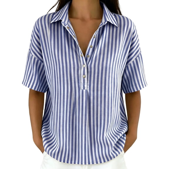 Womens Cotton Linen Gauze Tops Summer Button Down V Neck Half Sleeve Shirts Dressy Casual Clothes Striped Blouses Loose Boho Blouses Collared Fitted Tops Summer Business Outfits Linen Tunic Tops