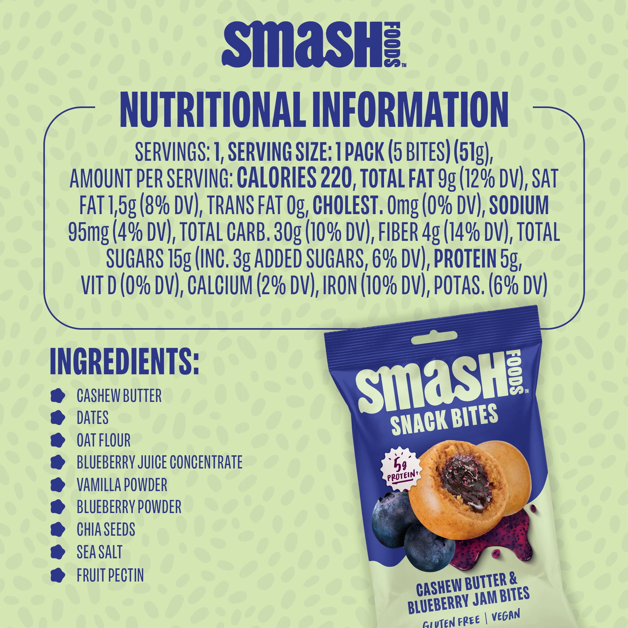 Smash Foods Gluten-Free Vegan Snack Bites (Blueberry), Protein & Energy, 8-Pack