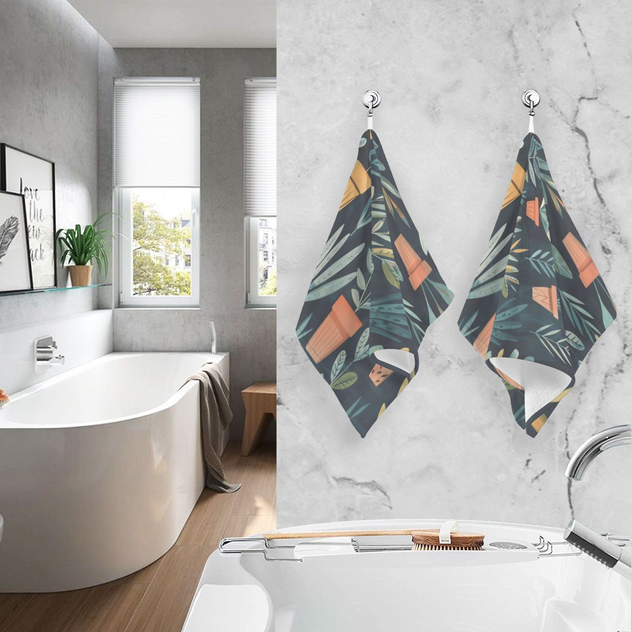 Cotton Towel Two-Piece 16x28 Inch One Sizex2 Face Towel Set Towel Set Cotton Hand Bath Towel Bathroom Beach Dark Green Plants