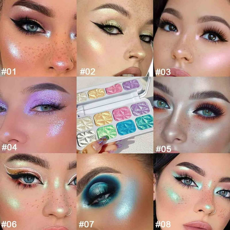 KeirineCC 8 Color Face Cheek Highlighter Makeup Palette Glitter Iridescent Multichrome Holographic Eyeshadow Palette Purple Rainbow Glitter Highlighter Makeup Highlight and Contour Palette Eye Makeup ...