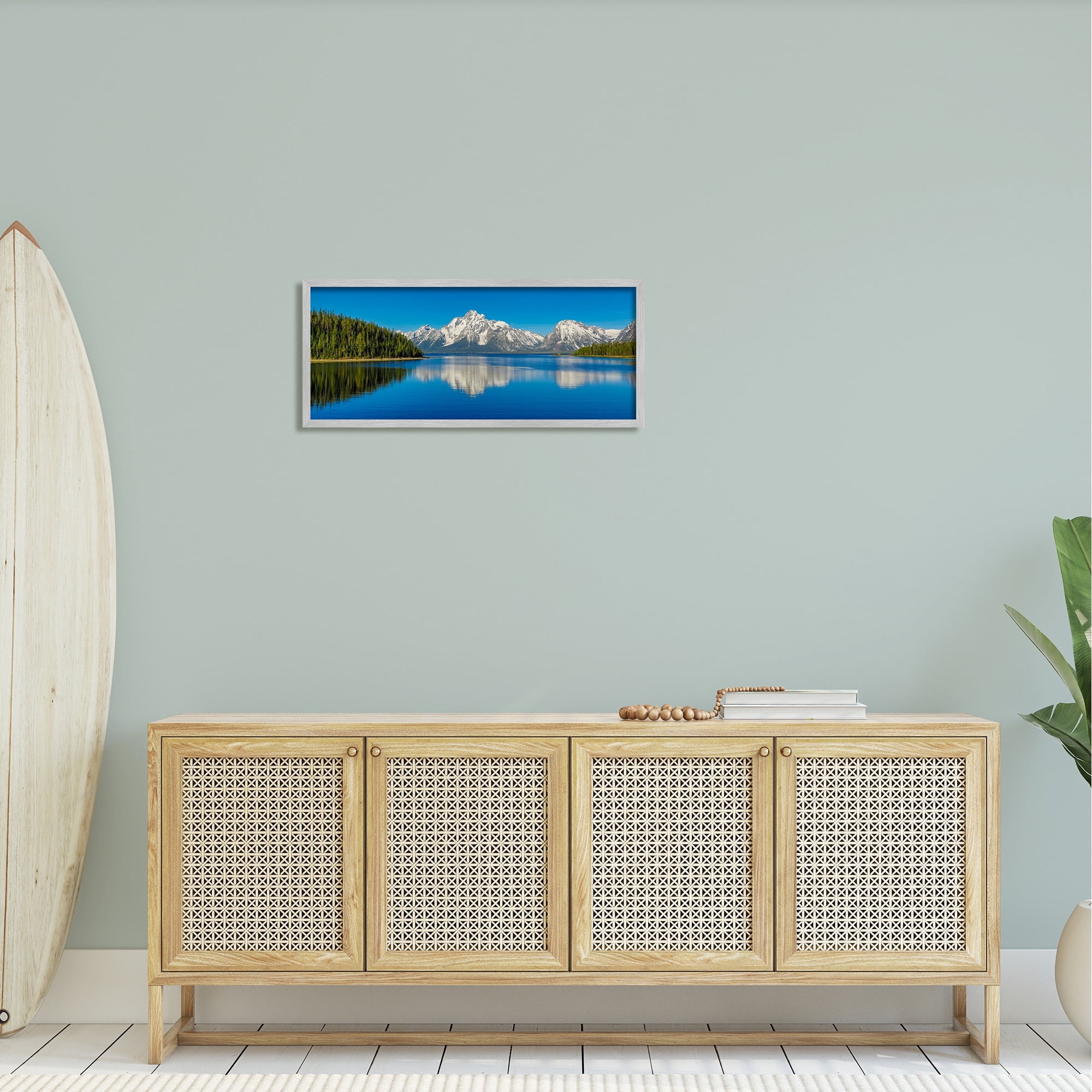 Stupell Industries Snowcapped Mountains Clear Lake Reflection Panoramic Scenery Framed Wall Art, 30 x 13, Design by Daniel Sproul