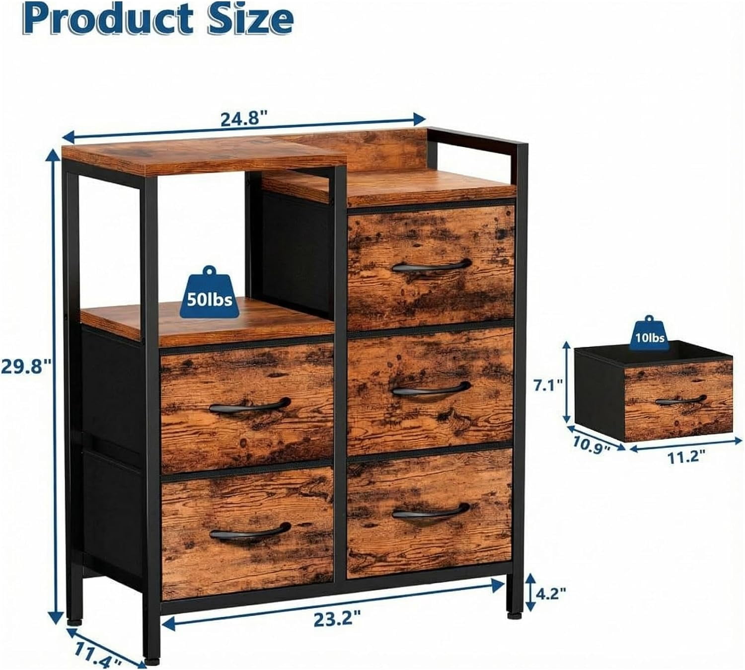5 Drawer Mobile File Cabinet with Open Storage Shelf, Rolling Printer Stand and Fabric Lateral Filing Cabinet for Home Office, Fits A4 or Letter Size Files, Wood Color