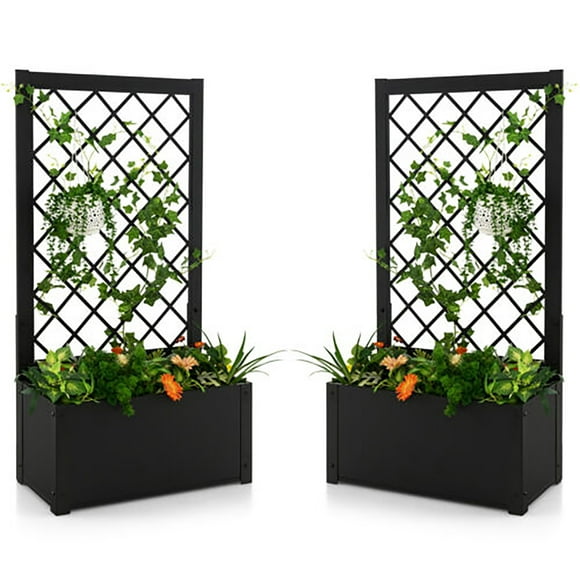 Gymax 2 PCS Raised Garden Bed with Trellis Metal Planter Box for Climbing Plants