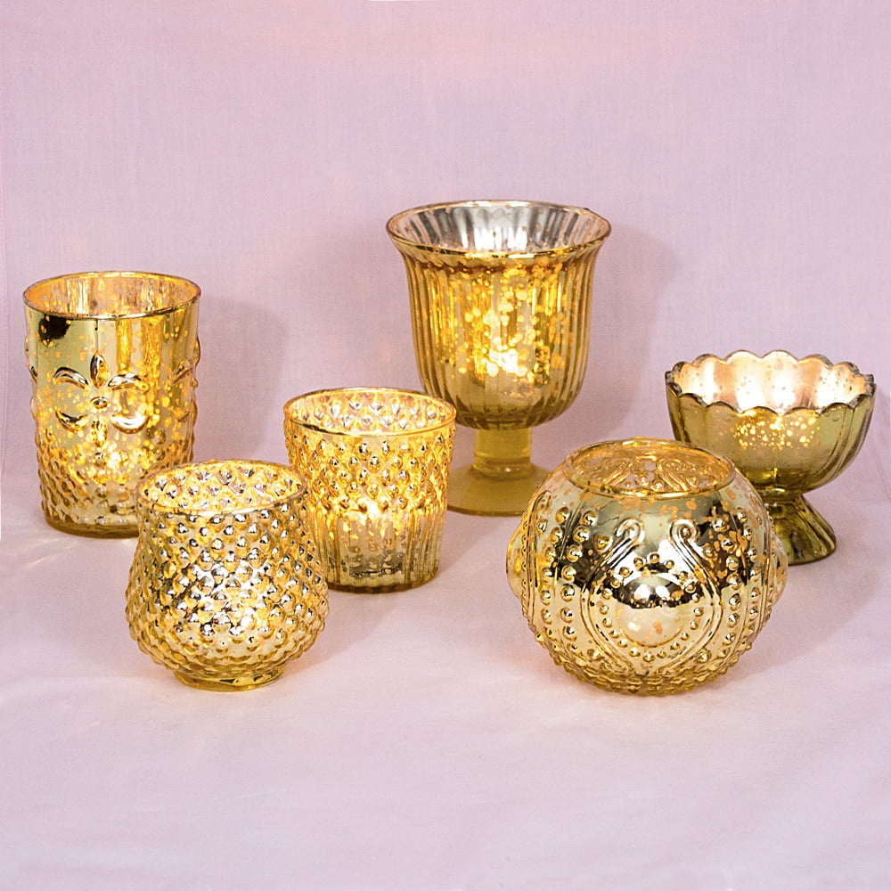 Luna Bazaar Vintage Glam Mercury Glass Tealight Votive Candle Holders (Gold...