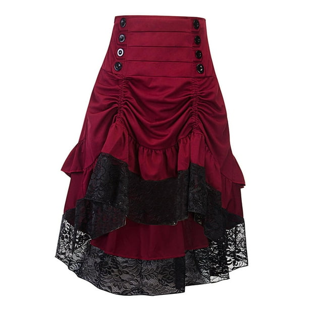 Falda larga estilo steampunk gótico rock para mujer, uniforme Y2K, estilo steampunk rock Rojo