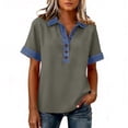 thumbnail image 5 of Denim Collared Shirt Women Short Sleeve Patchwork Denim Button Casual Shirts Business Casual Work Tops Summer Outfits Light Gray XL, 5 of 5
