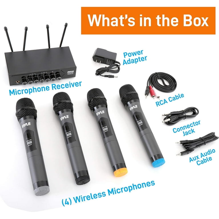 Pyle Wireless Microphone System Set w/ Bluetooth Receiver Base & 4 Handheld  Mics 