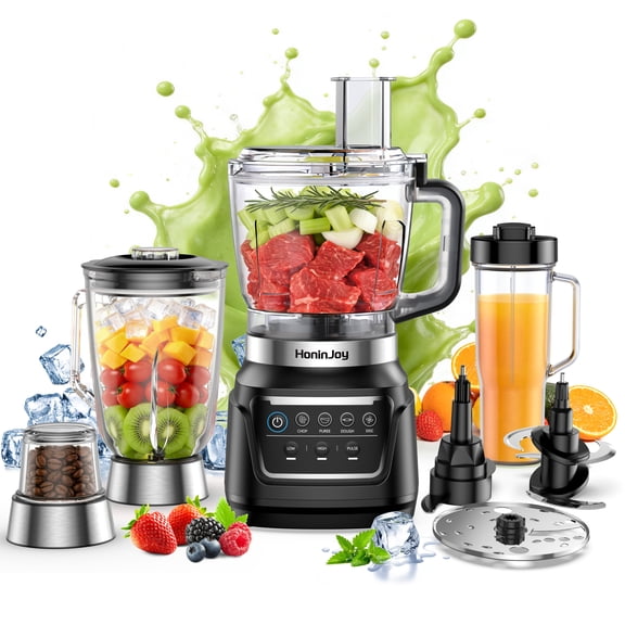 HoninJoy Mélangeur et Robot Culinaire Tout-en-un, Mélangeur Professionnel 10-en-1, 4 Programmes Auto-iQ Préréglés pour Smoothies, Pâte à Biscuits, Salsas, Hachage, Broyage, Tranchage et Râpage, Salade de Chou et Plus