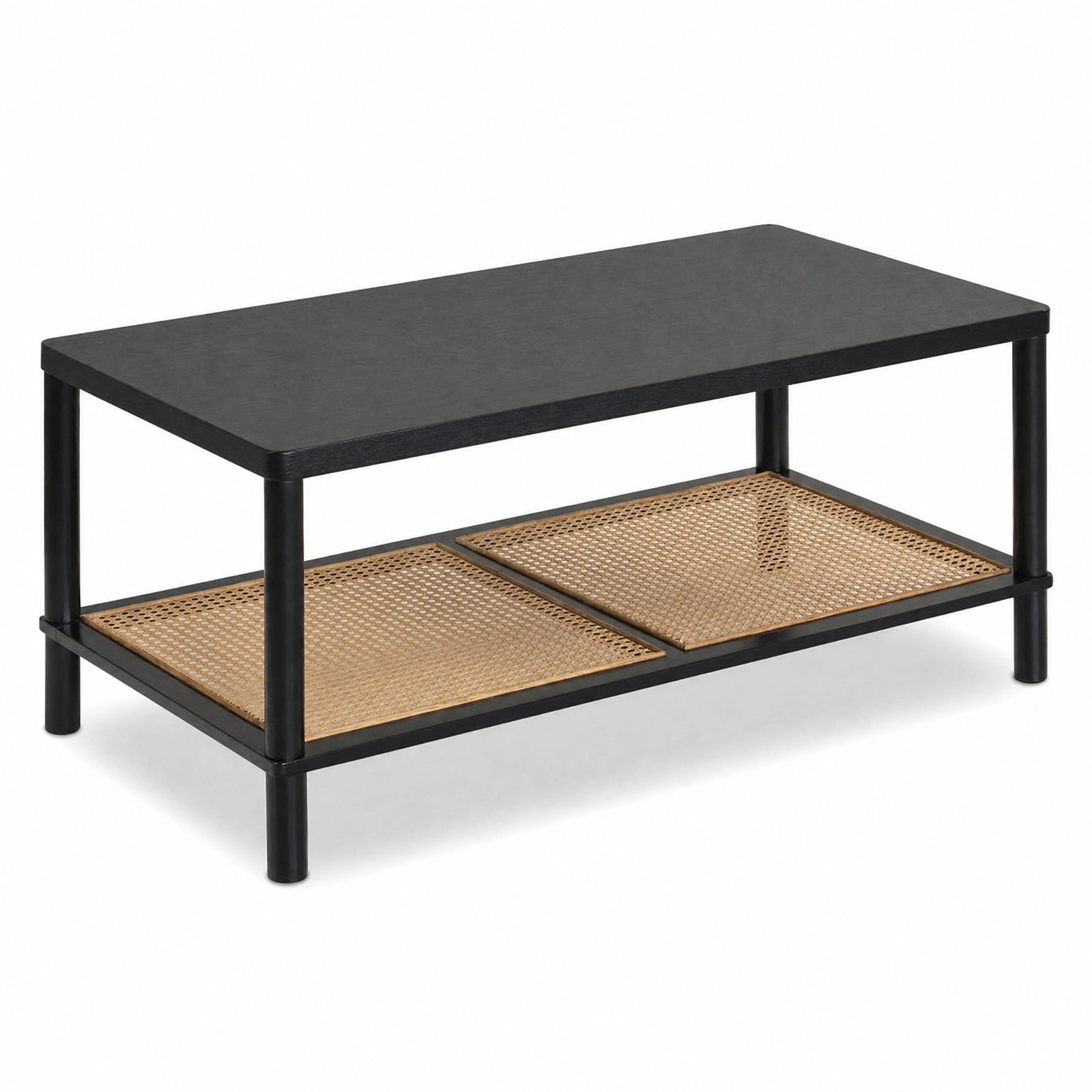 Furnibear 2 Tier Boho Rectangular Coffee Table with Rubber Wood Frame and Faux Rattan Open Storage Shelf for Living Room Home Office, Black