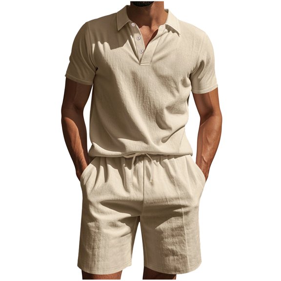 Makaor Linen Sets for Men 2 Piece Summer Loose Lounge Set Big and Tall Solid Color Matching Sets Beach Outfits Short Sleeve T Shirts Drawstring Shorts Trendy Travel Clothes