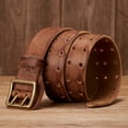 thumbnail image 3 of 3.8CM Vintage Men's Wide Belt Male Cowhide Real Genuine Leather Double Prong Buckle Handmade Strap Fashion Jeans Cowboy Belt, 3 of 7