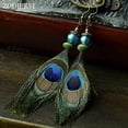 thumbnail image 3 of Granjero Gordo Pendientes colgantes de plumas nativas vintage de lujo hechos a mano para mujer, pendientes largos de gancho estilo bohemio con diseño de pavo real, 3 of 5