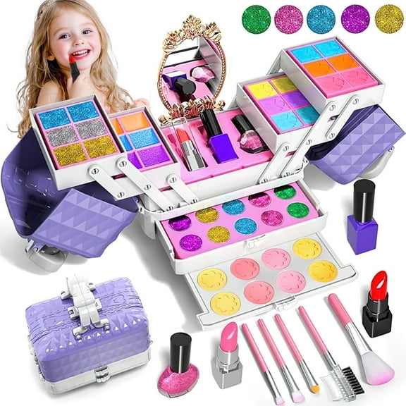 UQN Kids Makeup Set for Girls, 54 Pcs Washable Real Cosmetic Kit with Mirror, Kids Makeup Kit for Little Girls, Christmas Birthday & Party Gifts for Kids 3 4 5 6 7 8 9 (Purple)