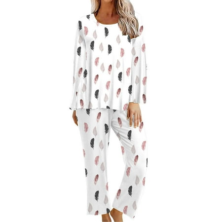 

FAIWAD Womens Pajama Sets Print Long Sleeve Top with Long Pants Lightweight Lounge Nightwear 2 Piece Set (Large White2)