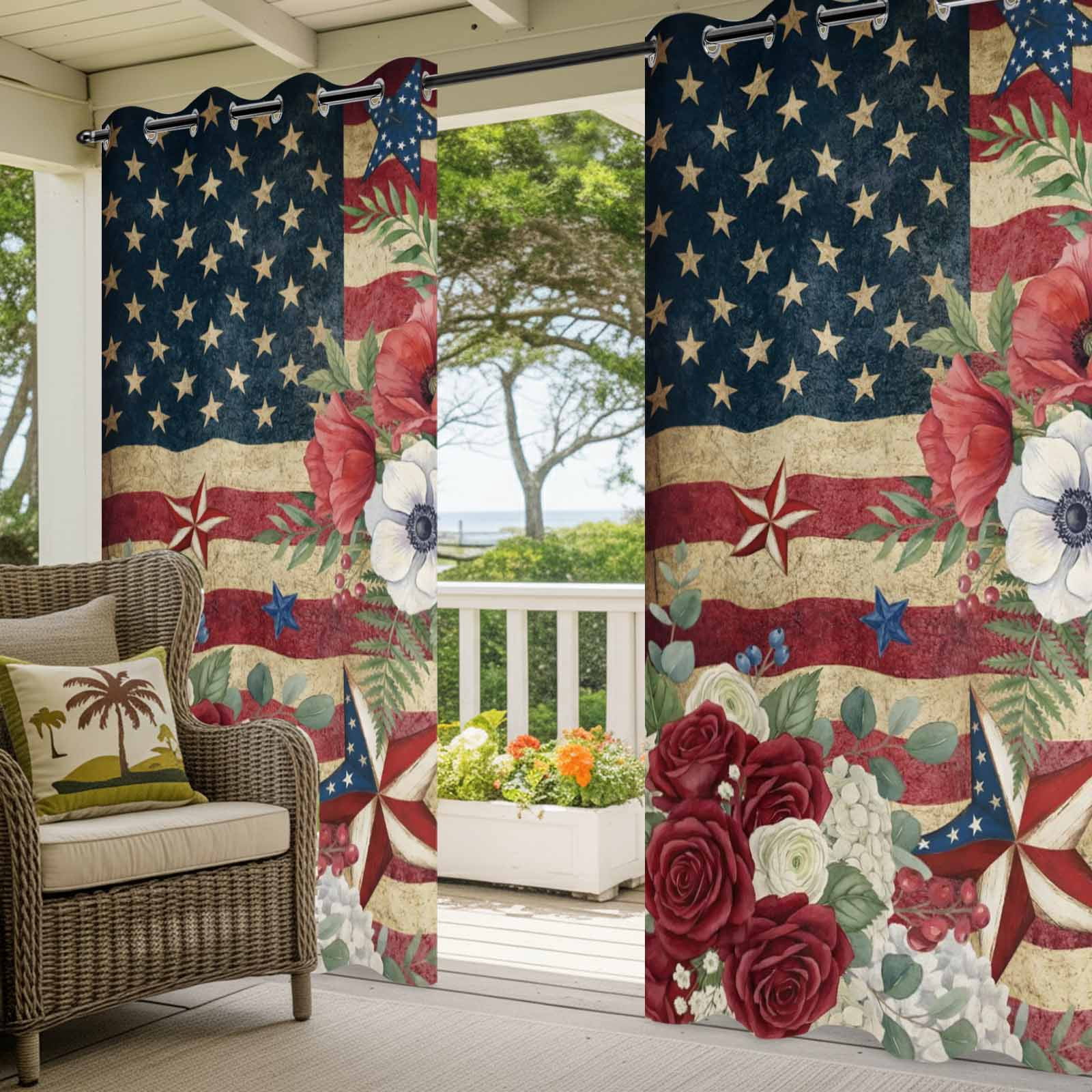 4th of July Outdoor Curtains for Patio, Patriotic USA Flag Stars Red Flowers Leaf Vintage Sunshade Privacy Drapes Grommet Waterproof Outside Curtains for Porch/Cabana/Balcony 54"x 108", 1 Panel