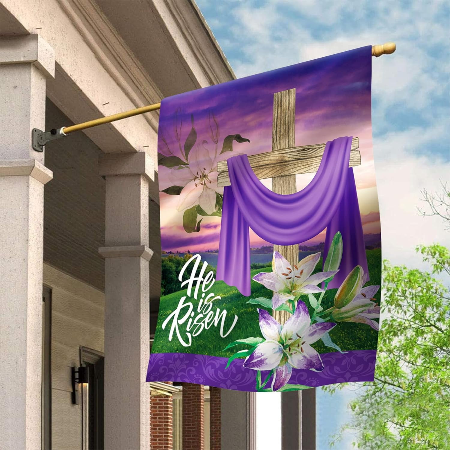 He is Risen Religious Cross Lilies Decoration Easter Spring Holiday House Flag Outdoor Yard Flag 28" x 40"