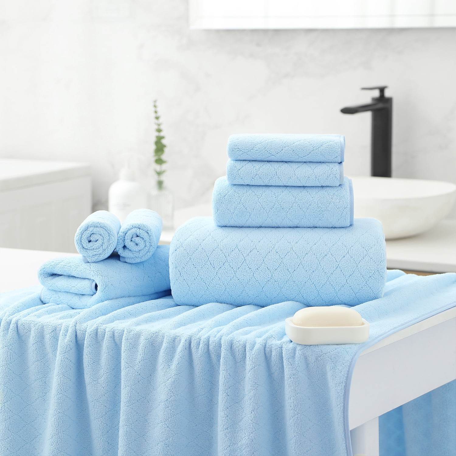 Smuge 18 pcs Bath Towel Sets, Include 6 Bath Sheet Towels, 6 Hand Towels, 6 Washcloths, Soft Microfiber Highly Absorbent Shower Towel for Bathroom Gym Spa(Blue)