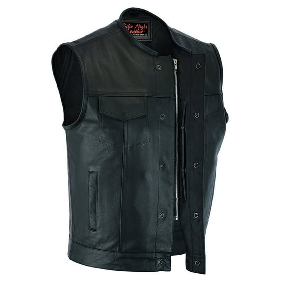 Daniel Smart Biker vest for Men Cowhide Black Leather Motorcycle Vest Unique with Scoop Collar Design