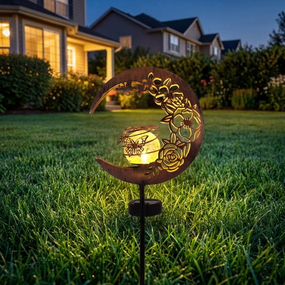 Antique Bronze Metal Solar Stake Lights, Moon & Butterfly Waterproof Outdoor Garden Lights Auto On/Off for Yard Lawn Patio Pathway Decor