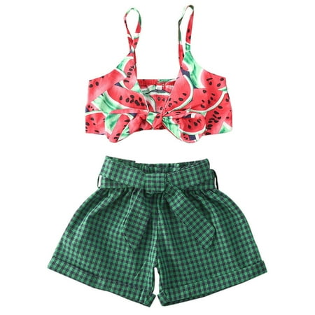 

Baby Girls 2 Pieces Outfit Watermelon Print Vest + Plaid Pattern Shorts Summer