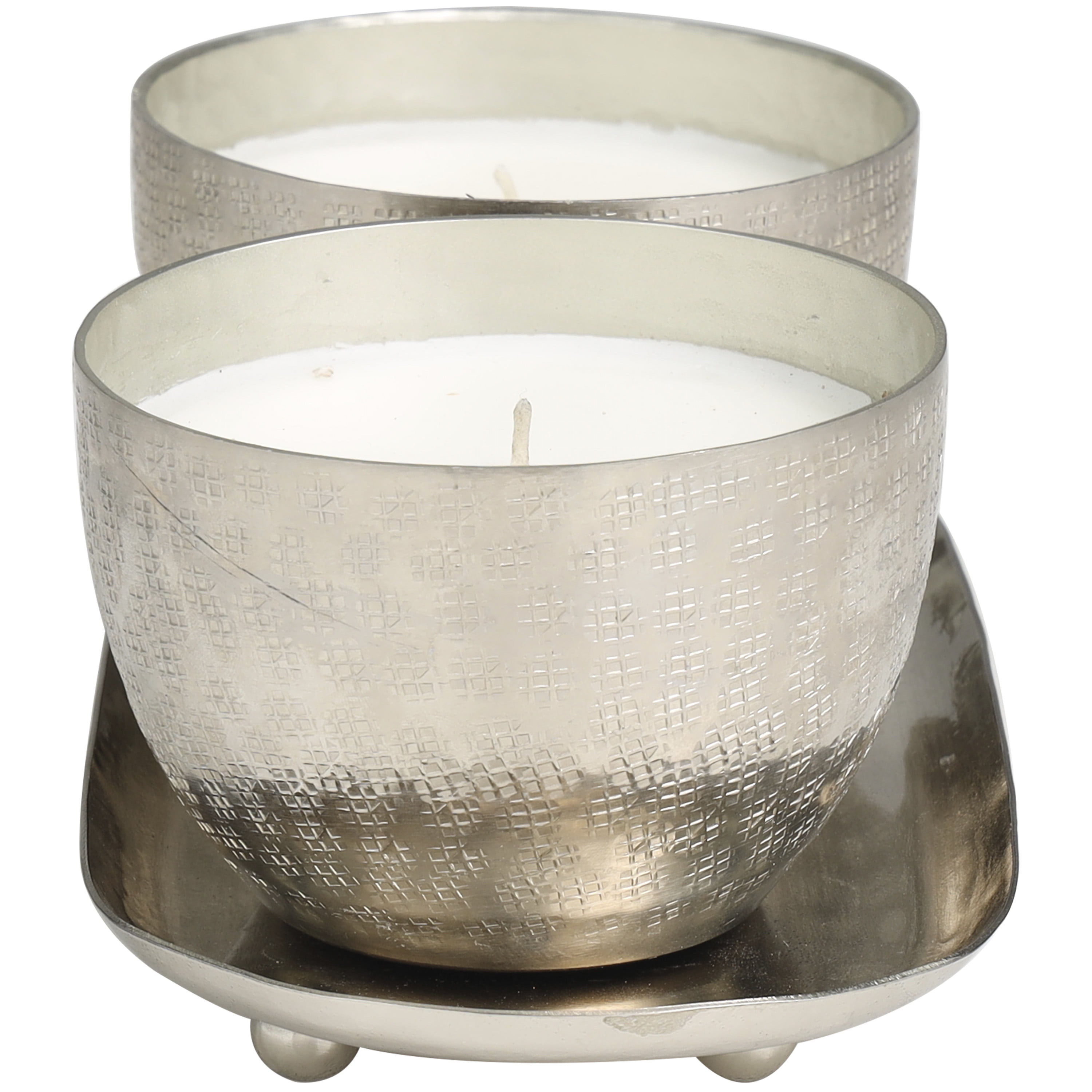 CosmoLiving by Cosmopolitan 2 Holder Silver Metal Campfire Scented Grid Patterned 10 oz 1 Wick Candle with White Wax, (Set of 2)