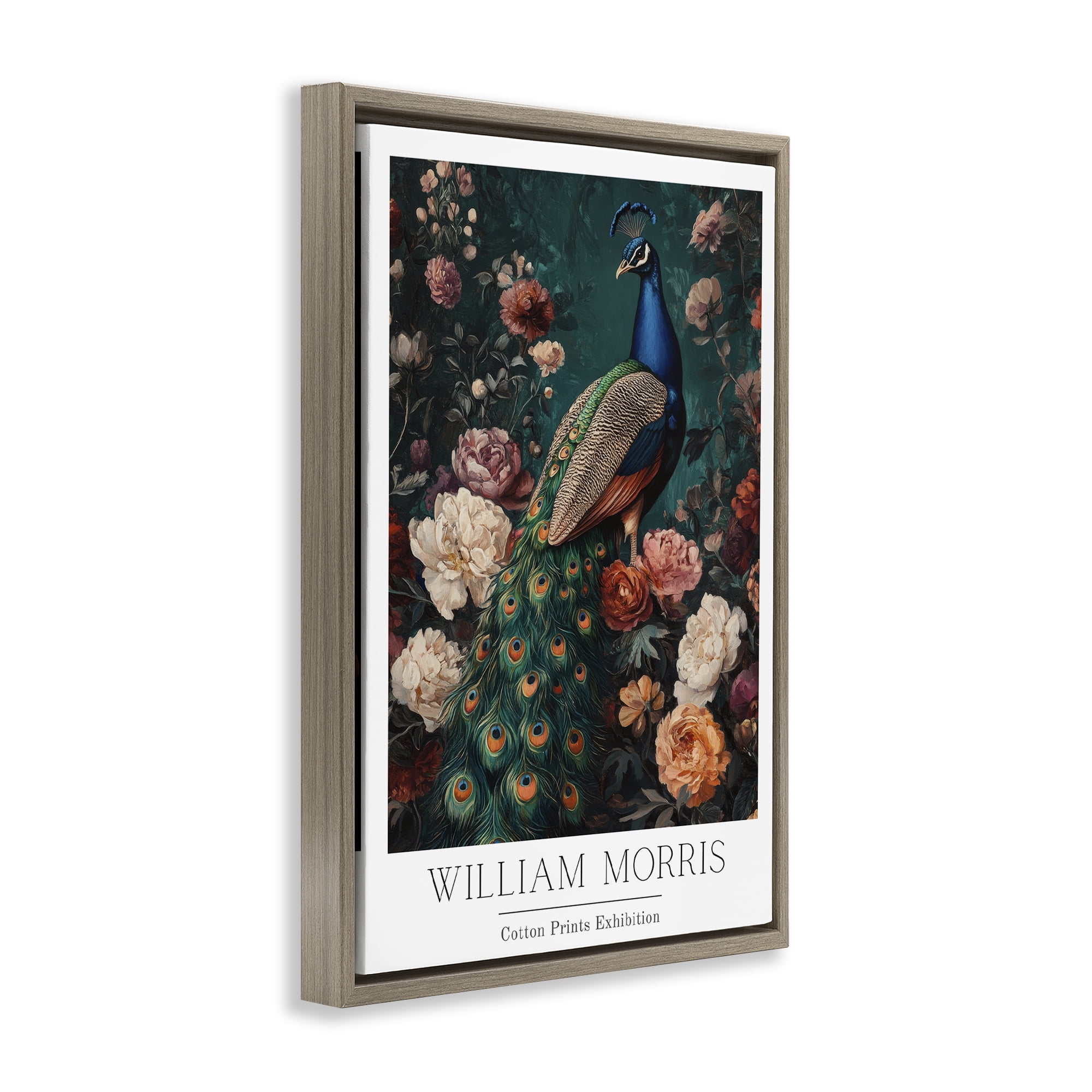 Stupell Industries Vintage Floral Peacock William Morris Brown Framed Floater Canvas Wall Art, design by Petal Prints Design