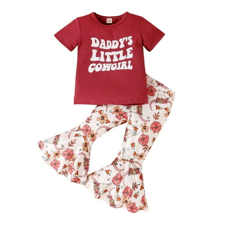 

Baby Girls Outfit Sets Short Sleeve Letter T Shirt Pullover Tops And Bell Bottoms Pants Kids Outfit 2 Piece Sizes 12-18 Months