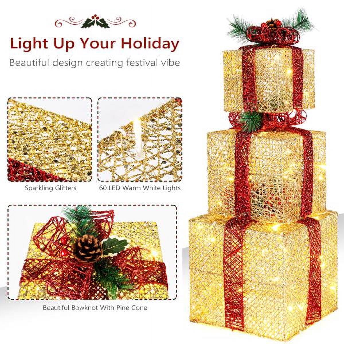 3PCS Golden Gift Box, Garden Gift Box Decoration 5M Long Power Cord, 10 inch 8 inch 6 inch