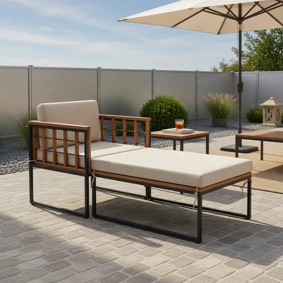 Topcobe Patio Acacia Wood Armchair with Long Ottoman and Seat Back Cushions, Outdoor Patio Lounge Chair