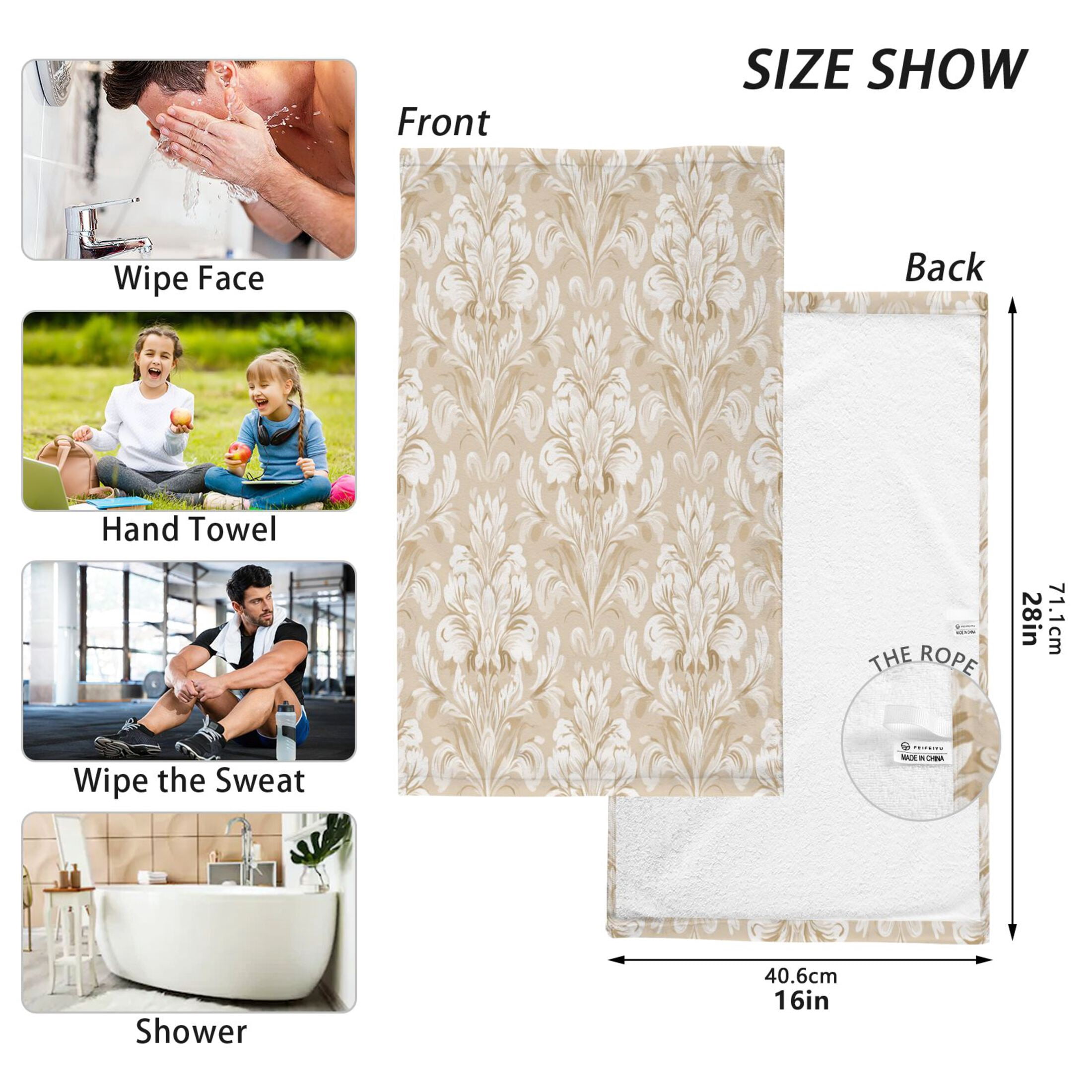 2 Pieces of Cotton Towel Face Towel Set Hand Towel Bath Towel Cotton Bath Towel Sets Beige Damask Pattern White