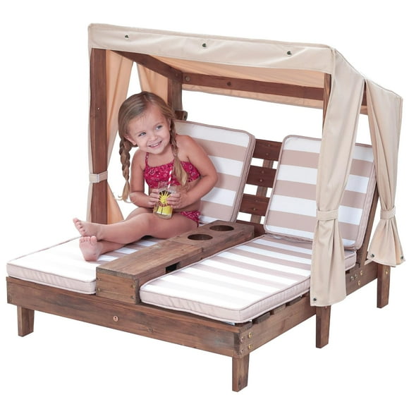 KidKraft Chaise Longue Double en Bois pour Extérieur avec Porte-Gobelets, Mobilier de Patio pour Enfants Ou Animaux, Espresso avec Flocons d'Avoine et Tissu Rayé Blanc