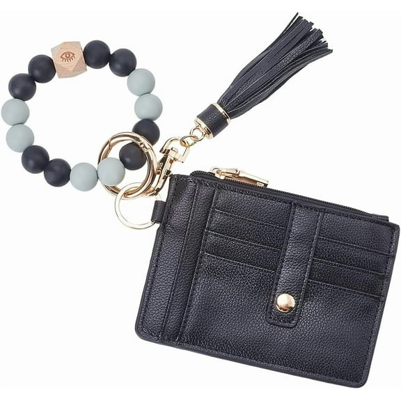 1pc Wristlet Bracelet Keychain Wallet for Women Small Leather Coin Purse Mini Change Pouch Credit Card Holder Purse Slim RFID Blocking Zip Wallet with Bangle Tassel Keyring Black 4.9x3.7Inch 1pc