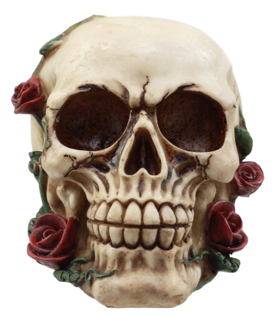 Skeleton Skull Figurine Decorative Ornate Rose Flower Steam Punk Human Statue 