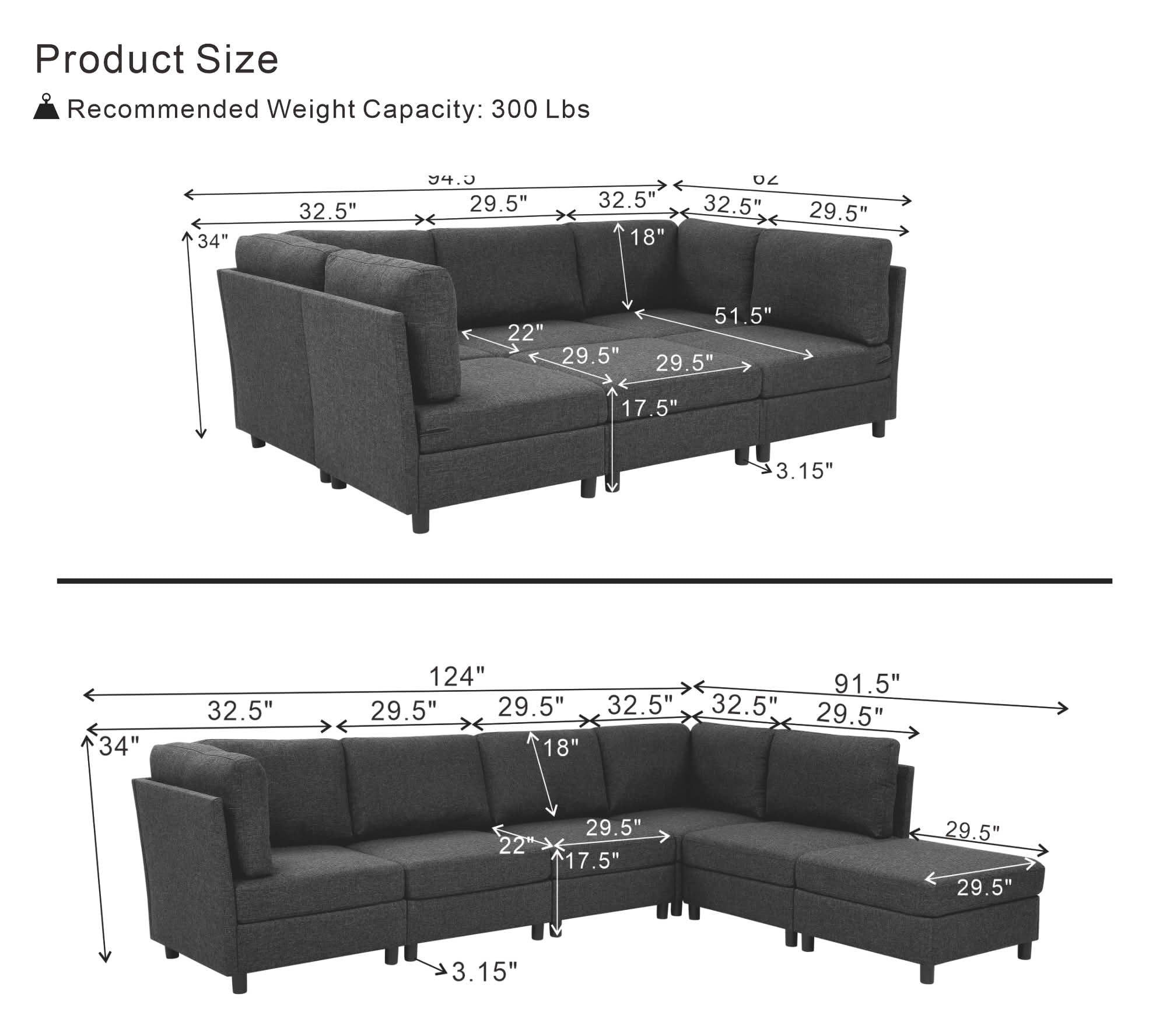 MAYEERTY 94.5 Inch Modular Corner Sectional Sofa, Freely Configurable Modern Couch with Convertible Ottoman & Sturdy Support Legs