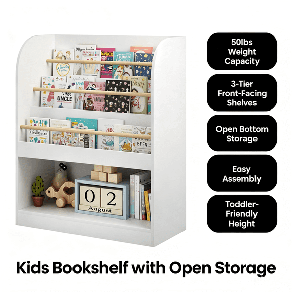 Imountek Kids Bookshelf with Open Storage, 3-Tier Freestanding Front-Facing Wooden Children's Bookcase for Playroom, Bedroom, Nursery, White