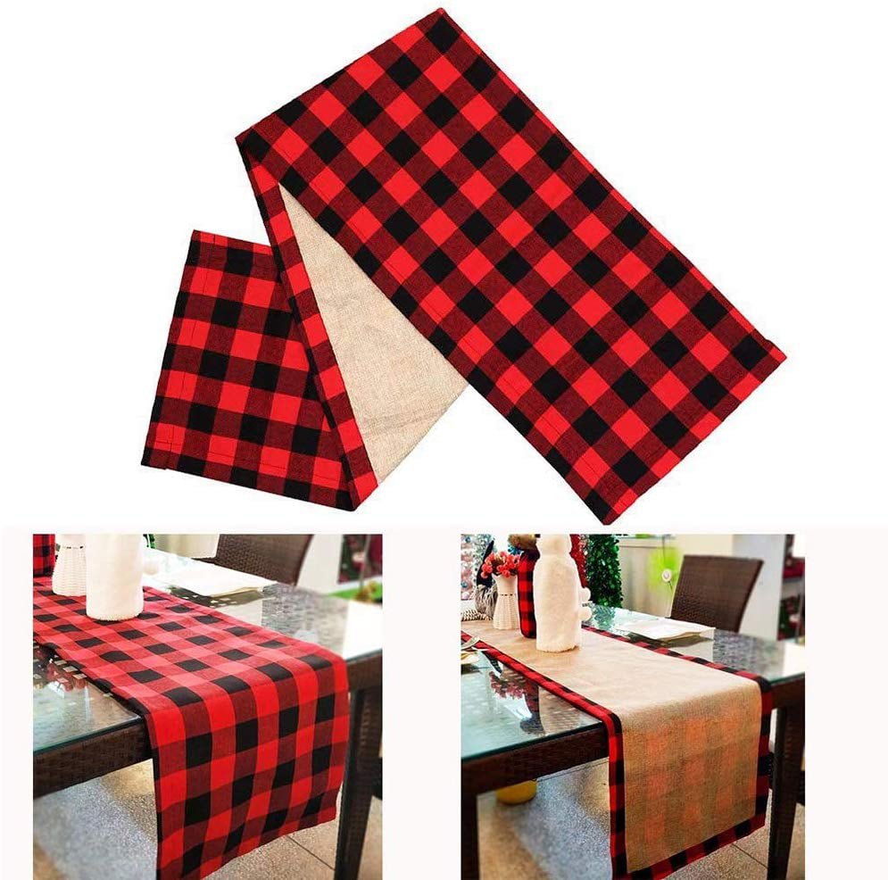 Black and White Plaid Christmas Table Runner Burlap & Cotton Plaid Reversible Buffalo Check Table Runner Double-side Table Cloth for Christmas Birthday Party Table Home Decoration 12.9 x 70.8 Inch 
