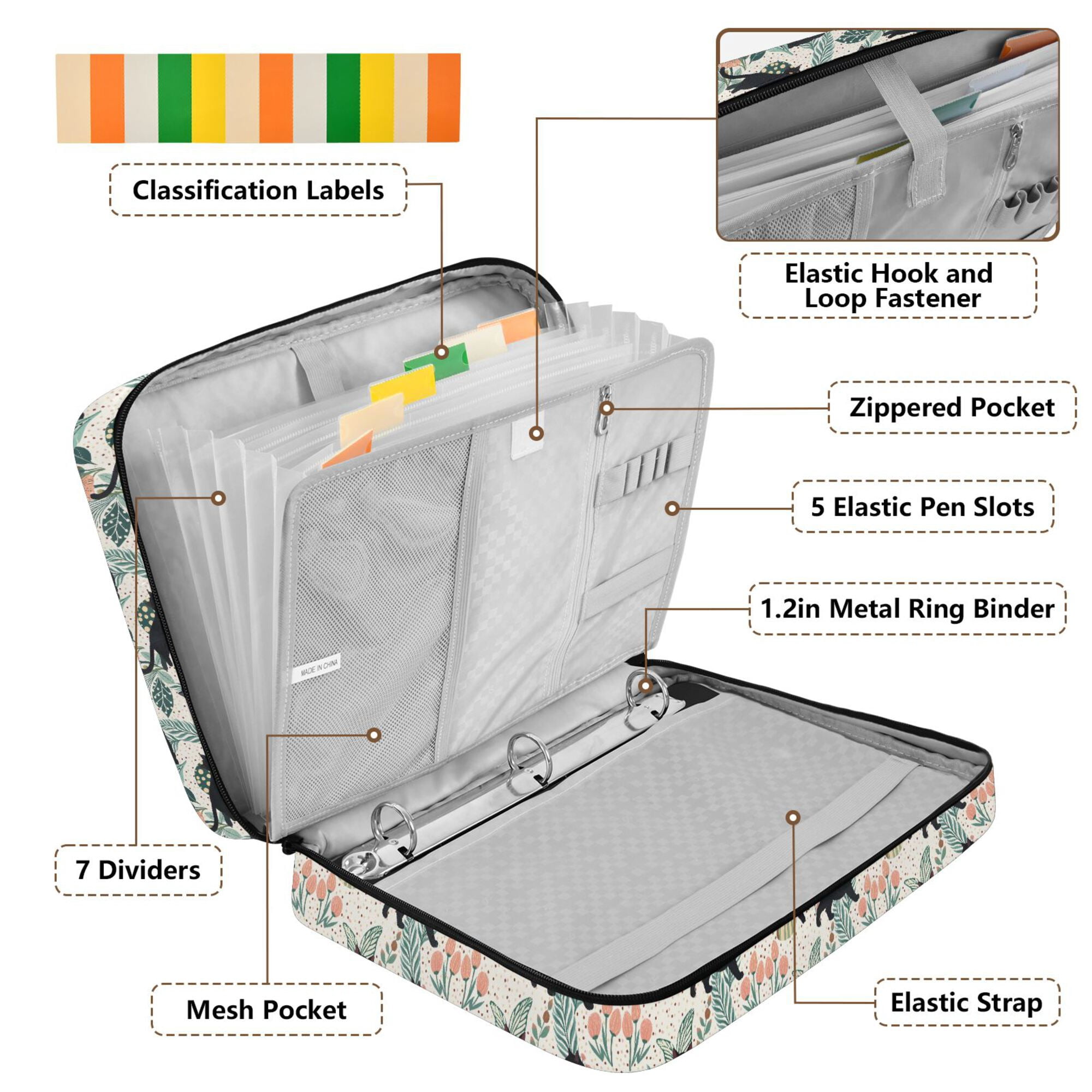 FORMRS Accordion File Folder A4 Size 7-Pocket Expanding Document Organizer Bag with 3 Ring Binder, Black Floral Cat Pattern