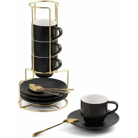 3-Ounce Espresso Cups Set of 4, Small Stackable Coffee Cups with Saucers, Spoons and Metal Stand, Ceramic Demitasse Mugs, Espresso Accessories for Machine, Black