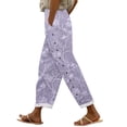 thumbnail image 2 of Women's Casual Pants Women'S Embroidered Floral Print Elastic Belt With Pocket Trousers Side Buttons Cropped Pants Loose Casual Pants Print Straight Pants,Purple Women's Casual Pants XXL, 2 of 5