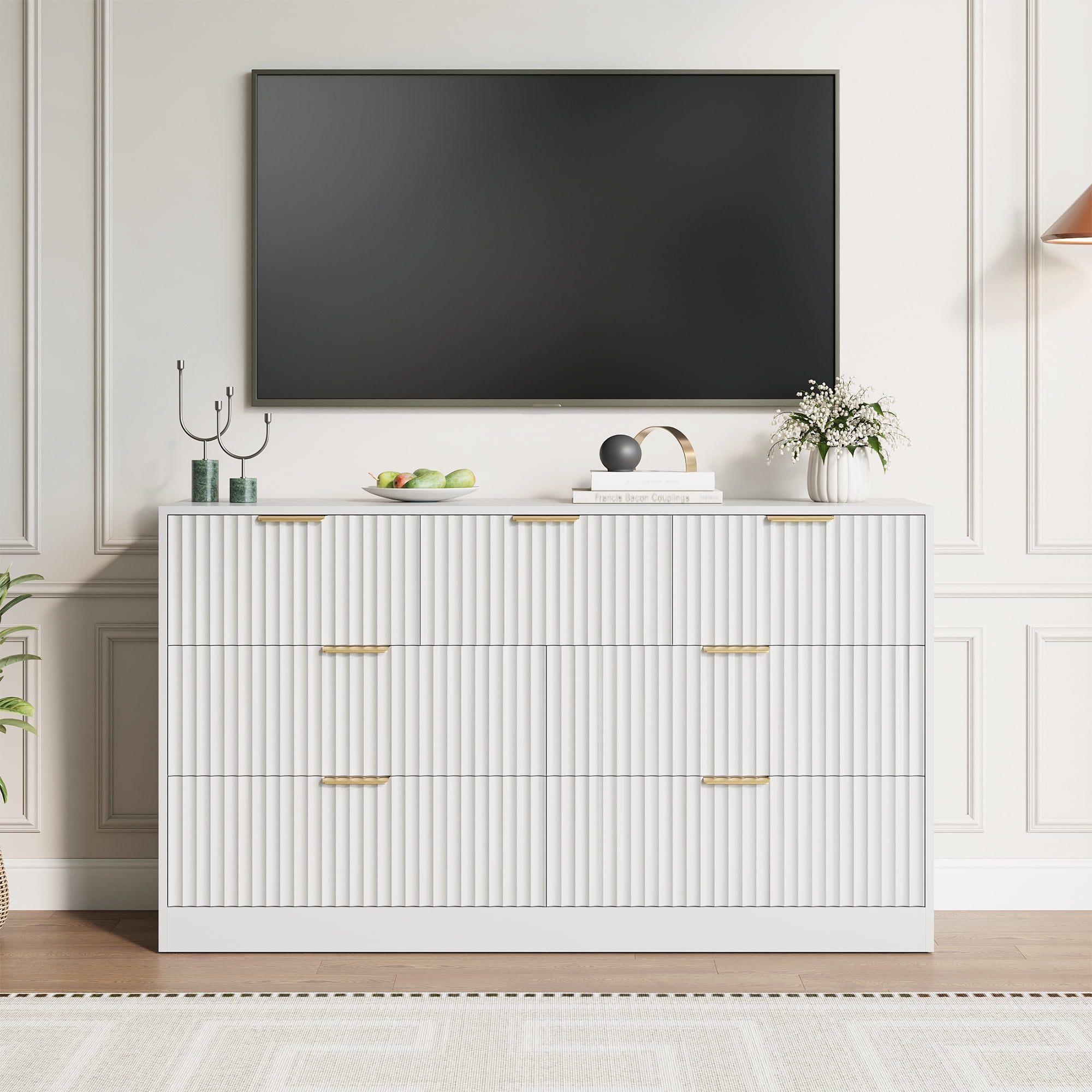 YouTrend 55.1"W Fluted Dressers for Bedroom with 7 Drawers,Modern Chest of Drawer TV Stand for Adults,Wood Clothes Storage for Living Room,White